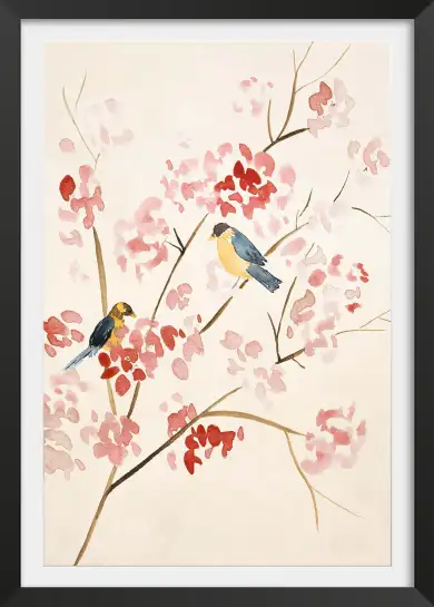 Affiche Japonaise à l’Aquarelle - Mésanges et Cerisier en Fleurs