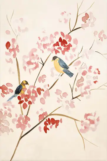 Affiche Japonaise à l’Aquarelle - Mésanges et Cerisier en Fleurs