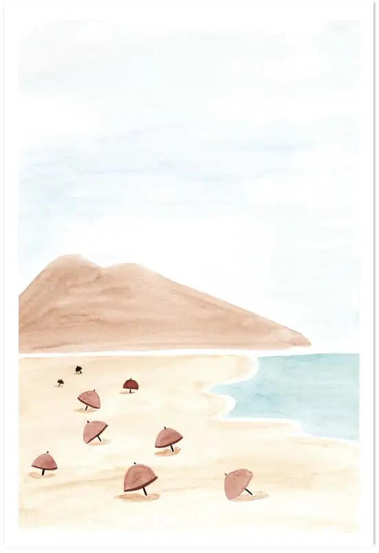 Affiche plage et parasols - Aquarelle bord de mer