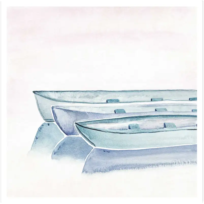 Affiche barques aquarelle -Paysage marin et barques bleues