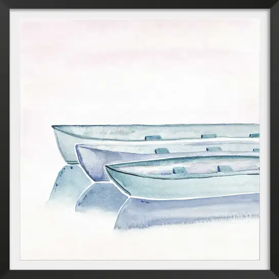Affiche barques aquarelle -Paysage marin et barques bleues