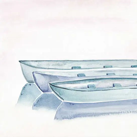 Affiche barques aquarelle -Paysage marin et barques bleues