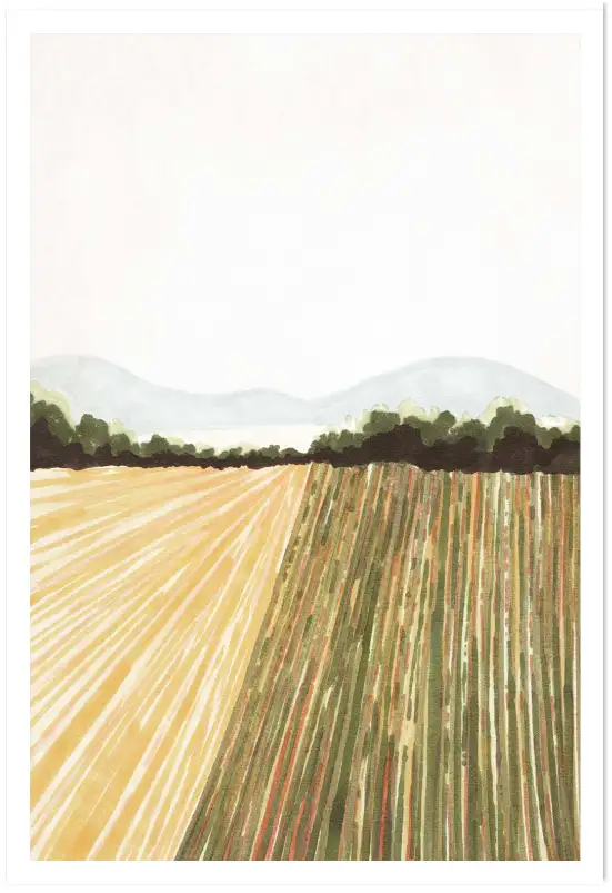 Affiche paysage champêtre -Aquarelle champs et collines