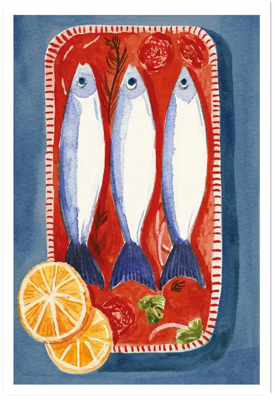 Affiche sardines cuisine -Illustration vintage aquarelle