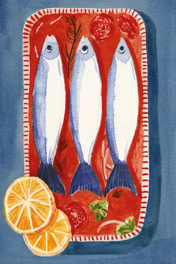 Affiche sardines cuisine -Illustration vintage aquarelle
