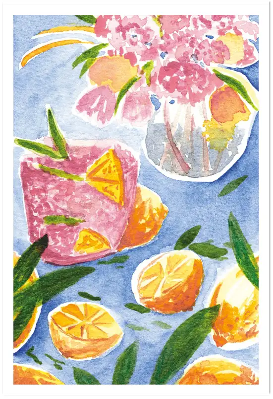 Affiche cocktail estival - peinture citrons et fleurs