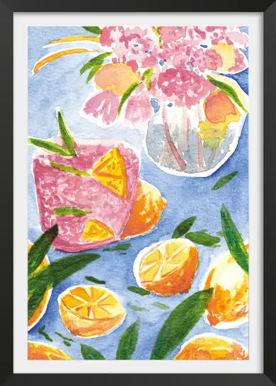 Affiche cocktail estival - peinture citrons et fleurs