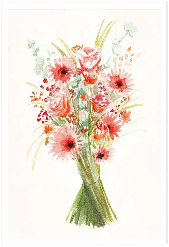 Affiche bouquet champêtre - peinture fleurs roses