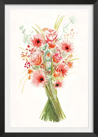 Affiche bouquet champêtre - peinture fleurs roses