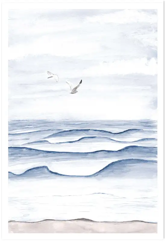 Affiche vagues mer - aquarelle paysage marin et oiseaux