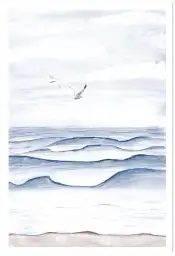 Affiche vagues mer - aquarelle paysage marin et oiseaux