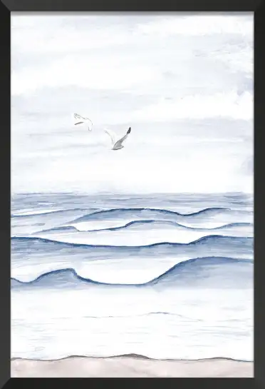 Affiche vagues mer - aquarelle paysage marin et oiseaux
