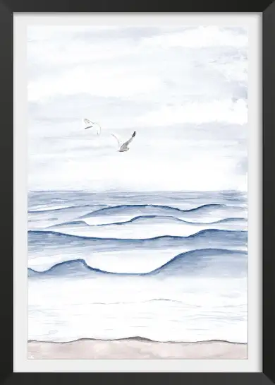 Affiche vagues mer - aquarelle paysage marin et oiseaux