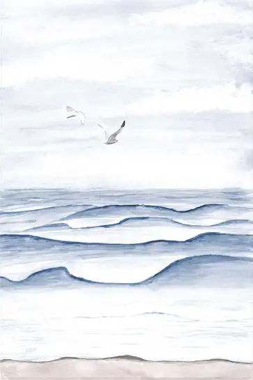 Affiche vagues mer - aquarelle paysage marin et oiseaux