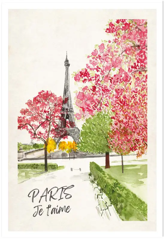 Affiche paris je t'aime - peinture tour eiffel en fleurs