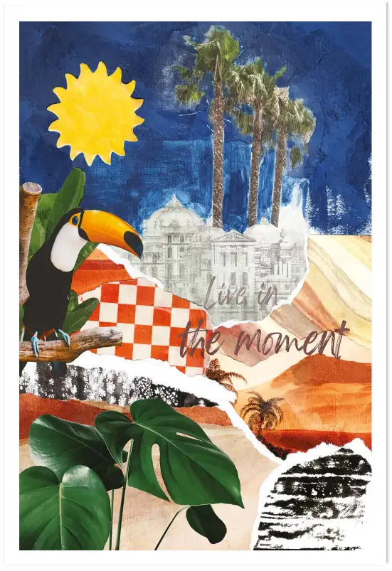 Affiche toucan pop art - collage exotique et palmiers