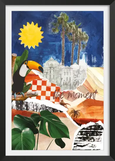 Affiche toucan pop art - collage exotique et palmiers