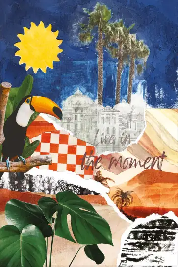 Affiche toucan pop art - collage exotique et palmiers