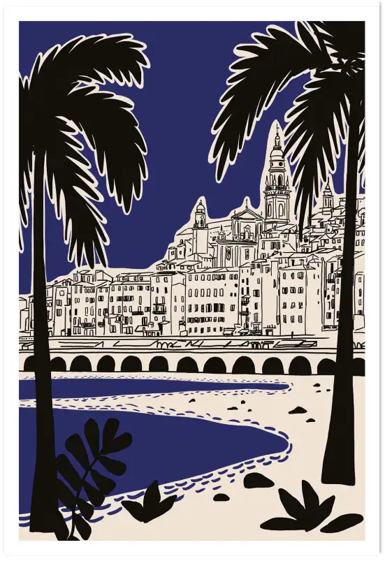 Affiche riviera italienne - illustration palmiers bleu nuit