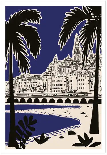 Affiche riviera italienne - illustration palmiers bleu nuit