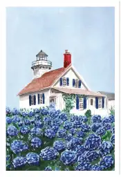 Affiche phare et hortensias - aquarelle paysage marin