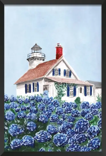 Affiche phare et hortensias - aquarelle paysage marin