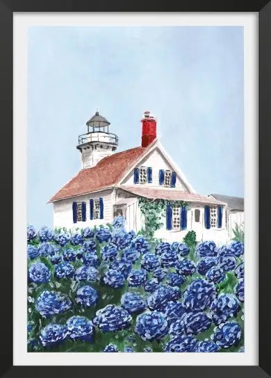 Affiche phare et hortensias - aquarelle paysage marin