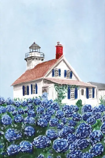 Affiche phare et hortensias - aquarelle paysage marin