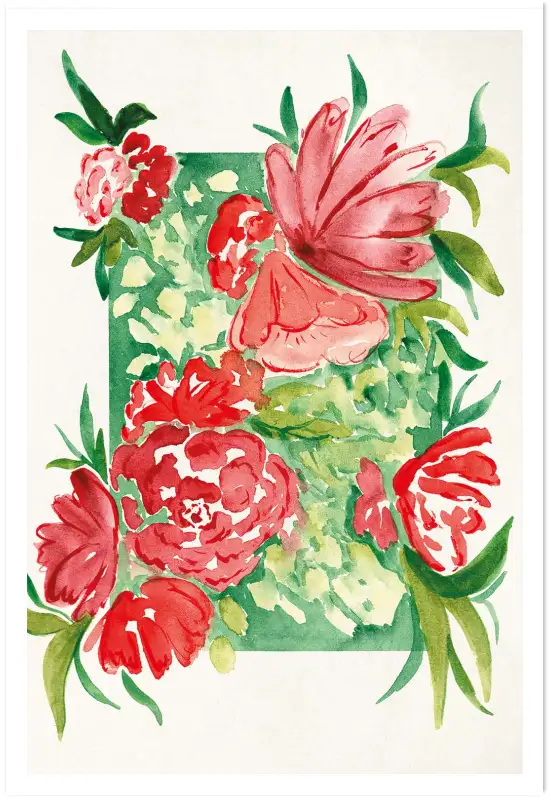 Affiche pivoines rouges aquarellées - Peinture florale artistique