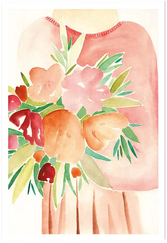 Affiche femme au bouquet floral - Illustration douce aquarelle