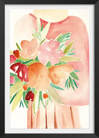 Affiche femme au bouquet floral - Illustration douce aquarelle