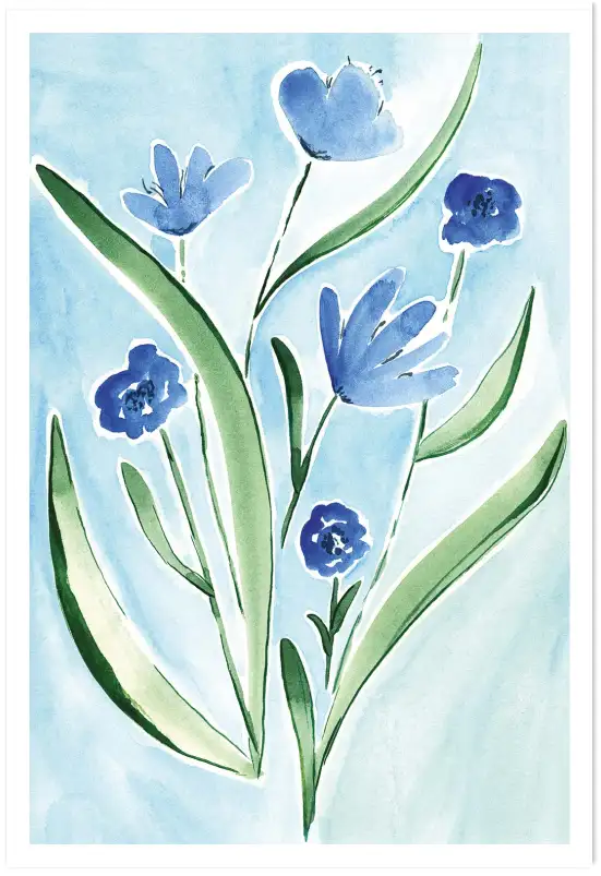 Affiche fleurs bleues minimalistes - Illustration botanique douce