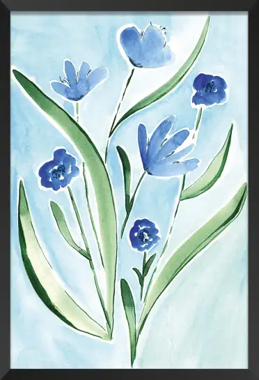 Affiche fleurs bleues minimalistes - Illustration botanique douce