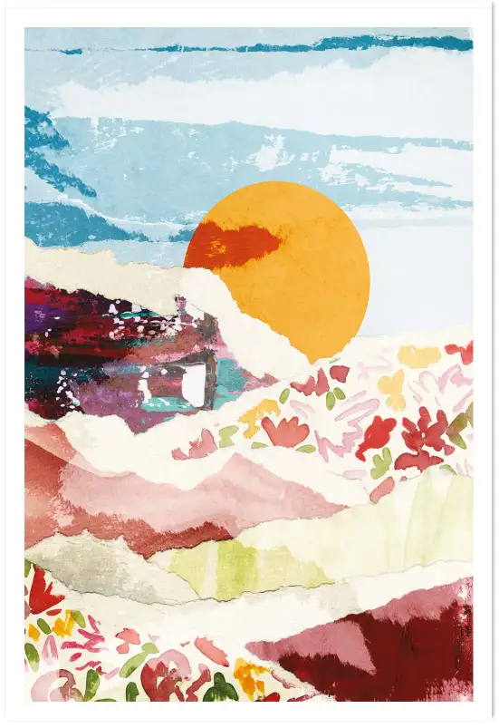 Affiche paysage collage soleil couchant - Art abstrait et papier déchiré