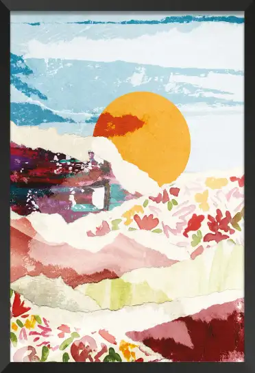 Affiche paysage collage soleil couchant - Art abstrait et papier déchiré