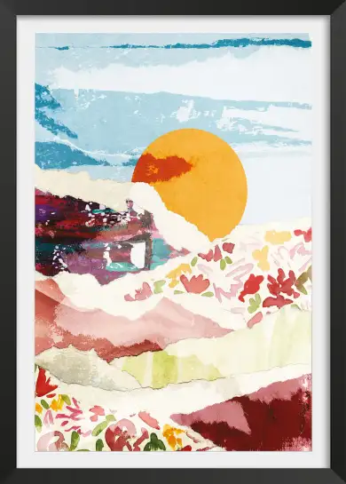 Affiche paysage collage soleil couchant - Art abstrait et papier déchiré