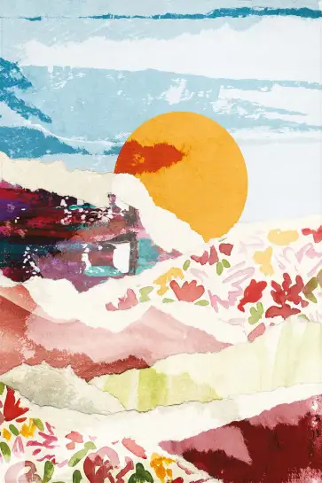 Affiche paysage collage soleil couchant - Art abstrait et papier déchiré
