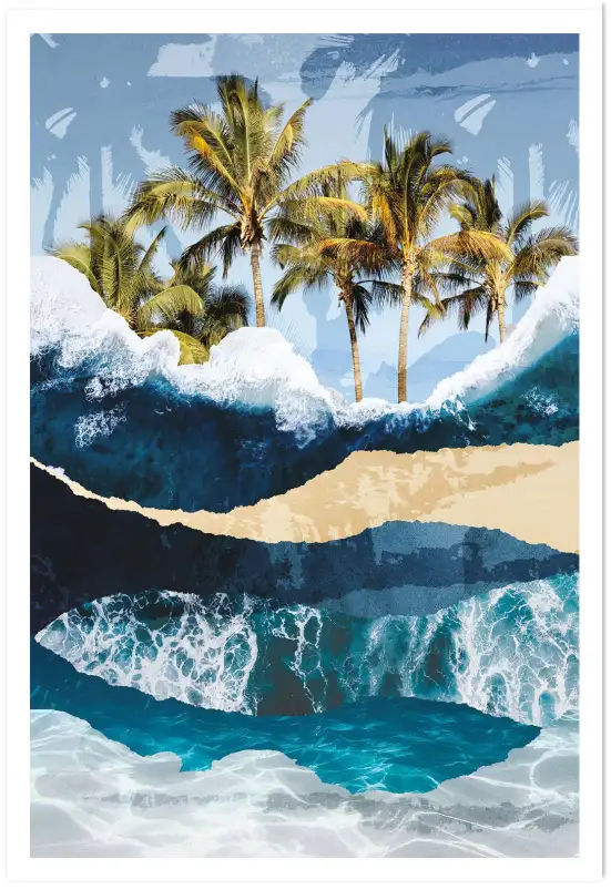 Affiche collage palmiers et vagues - Art marin et tropical