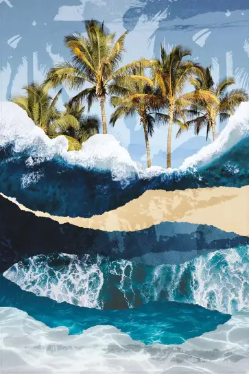 Affiche collage palmiers et vagues - Art marin et tropical