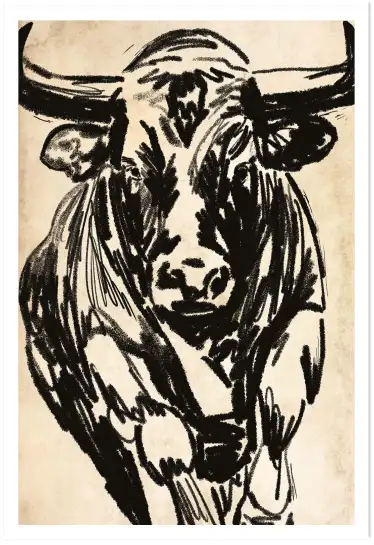 Affiche taureau dessin au fusain - Illustration brute et expressive