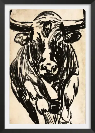 Affiche taureau dessin au fusain - Illustration brute et expressive