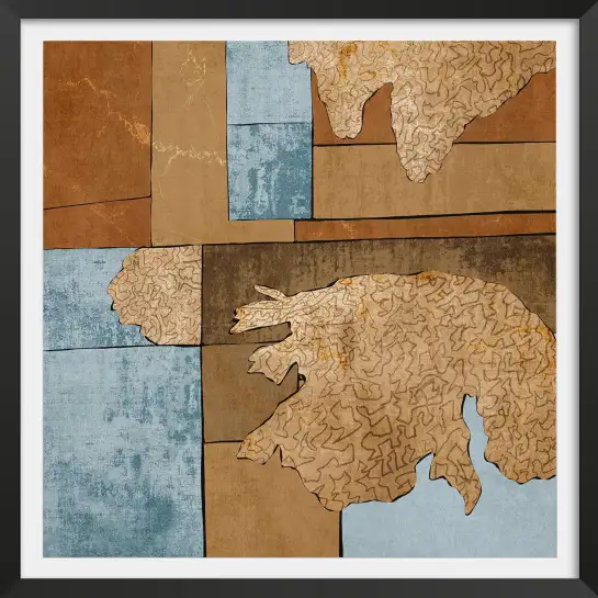 Affiche art abstrait tons chauds et bleu - Composition contemporaine