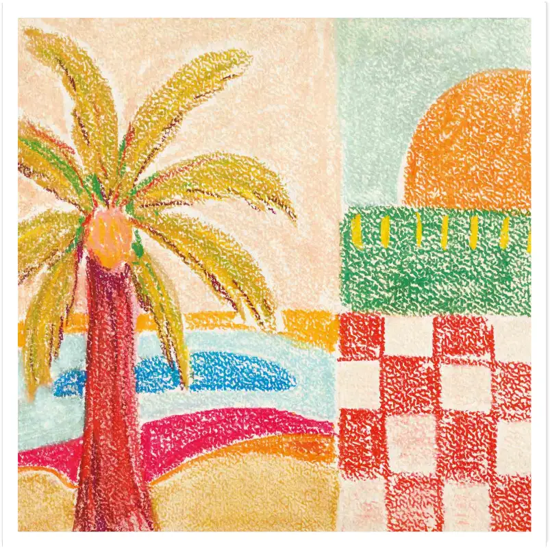 Affiche paysage de plage naïf - Peinture aux pastels colorée