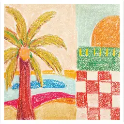 Affiche paysage de plage naïf - Peinture aux pastels colorée
