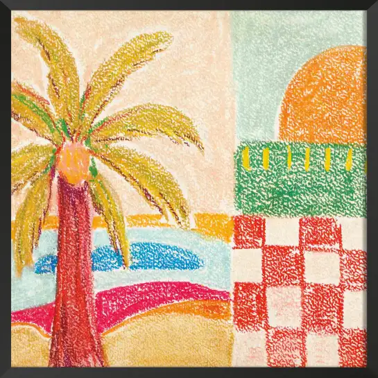 Affiche paysage de plage naïf - Peinture aux pastels colorée