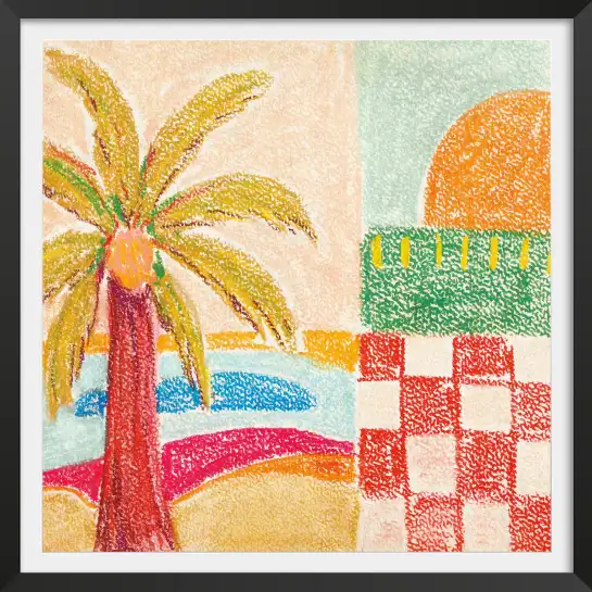 Affiche paysage de plage naïf - Peinture aux pastels colorée