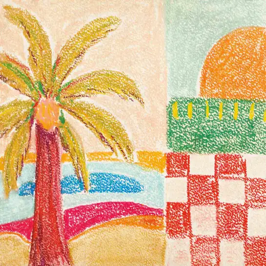 Affiche paysage de plage naïf - Peinture aux pastels colorée