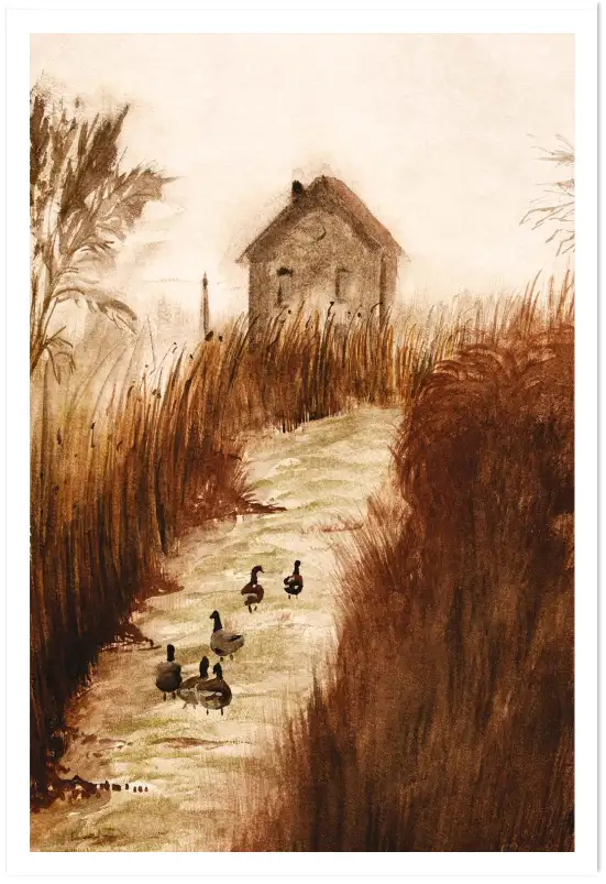 Affiche chemin de campagne et canards - Peinture aquarelle rustique