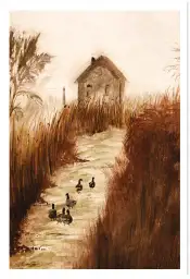 Affiche chemin de campagne et canards - Peinture aquarelle rustique