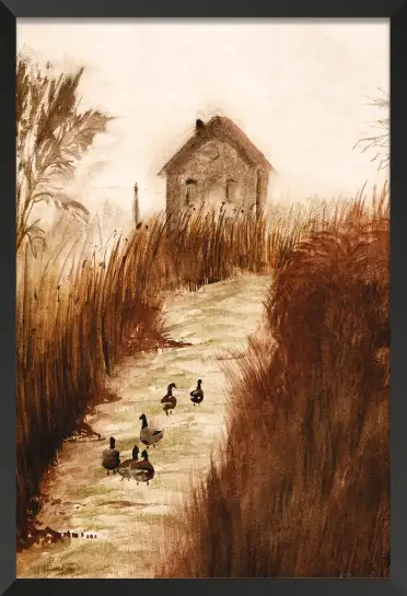 Affiche chemin de campagne et canards - Peinture aquarelle rustique